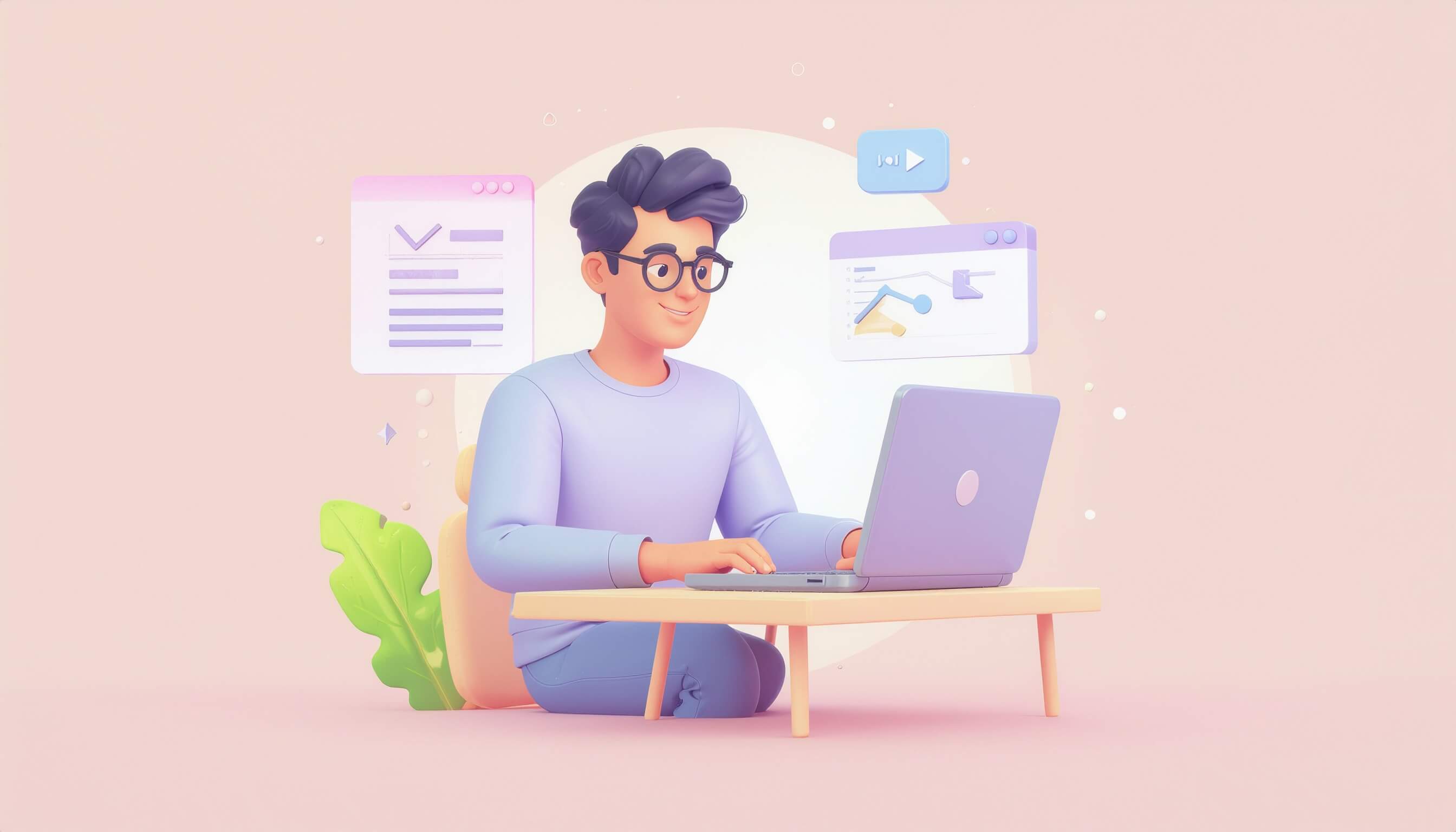Illustration of a creator working on a laptop with performance dashboards floating around